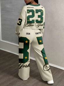 Slaydiva 休闲运动街头风格女士宽松两件套，老鹰，数字23，星星和字母印花，适合秋冬 - 彩色 - 查看 2