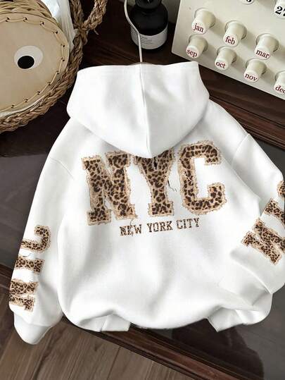 Teen Girls Casual Minimalist American Street Chic NYC Leopard Print English Letter Graphic Loose Fit Comfortable Hoodie Sweatshirt, Suitable For Autumn/Winter Clothes For Girls Hoodie Boys Hoodie New York Hoodie New York Sweatshirt New York Outfits Kids