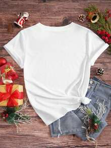EMERY ROSE Plus Size Christmas Cartoon Print Short Sleeve T-Shirt - White - View 2