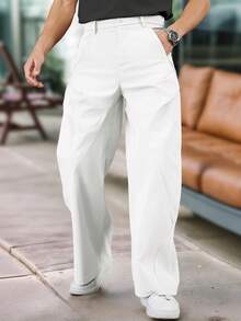 Manfinity Roghcode Gifts For Boyfriend, Gifts For Men, Men's Structured Split Large Silhouette Solid Color Loose Wide-Leg Trousers, Suitable For Street Wear, Casual Wear Designer Pants, Fall - White - View 3