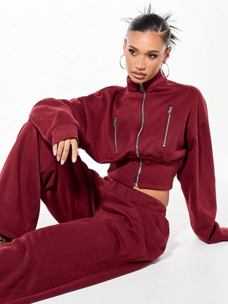 SUMWON Oversized Cropped Boxy Zip Through Funnel Neck Sweatshirt For Casual Winter Layering