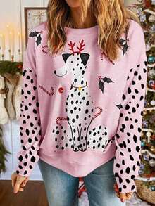 EMERY ROSE Popular Recommendation, Shiny And Cute Christmas Print Dog Print Women's Round Neck Sweatshirt, Suitable For Daily Shopping, Dating And School Wear, Warm Autumn And Winter Style - Multicolor - View 1
