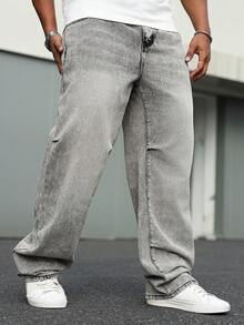 Manfinity Homme 大码男士休闲宽松街头牛仔裤 - 灰色 - 查看 5