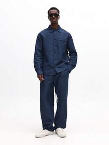 SUMWON 男士修身长袖衬衫套装，含配套套头裤，商务休闲海军蓝纯色套装 - 寶藍色 - 查看 1