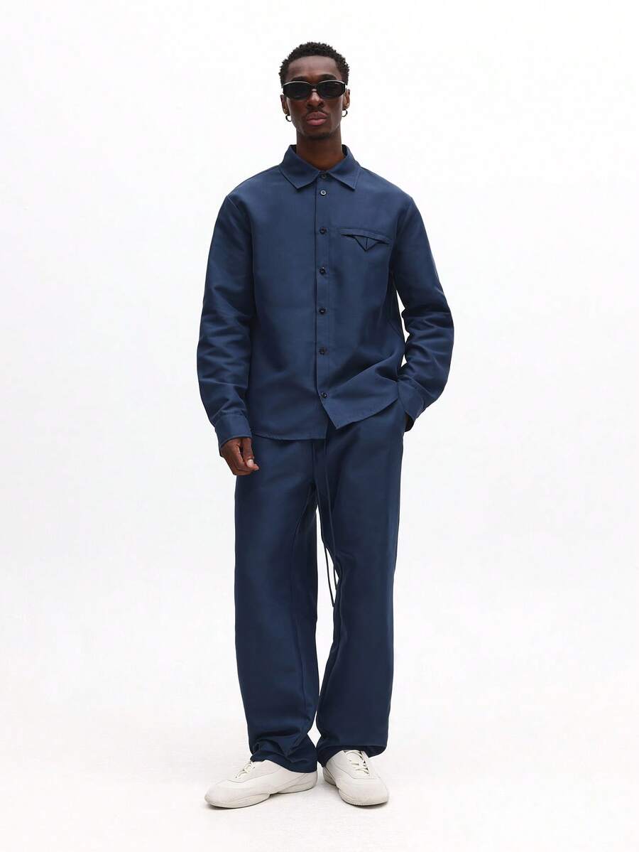 SUMWON 男士修身长袖衬衫套装，含配套套头裤，商务休闲海军蓝纯色套装 - 寶藍色 - 查看 1