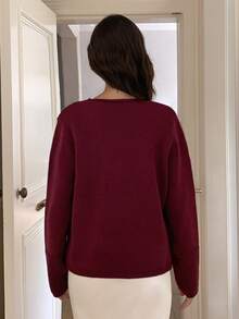 Elyressa 女士休闲前扣口袋开衫，适合通勤，秋季 - 酒紅色 - 查看 2