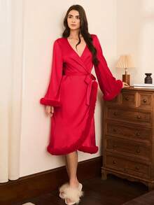 Moireta 成熟优雅的法式缎面女士睡袍，红色睡衣，红色长袍，红色睡袍，冬季 - 酒紅色 - 查看 6