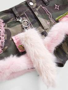 ROMWE J-Fashion Y2K Spicy Camouflage Patchwork Fuzzy Low-Waist Women Denim Mini Skirt - Army Green - View 3