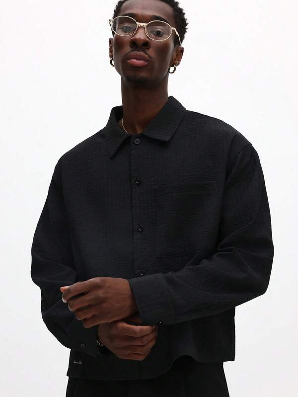 SUMWON Crop Fit Textured Long Sleeve Button Down Casual Shirt With Chest Pocket