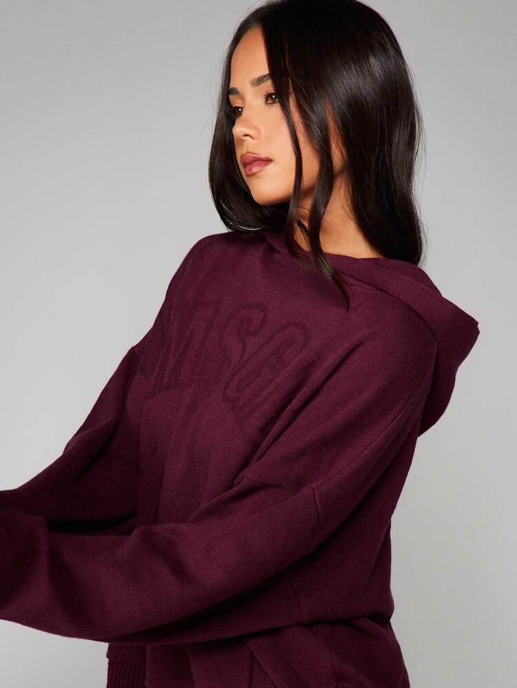 MISSGUIDED Burgundy Cable Knit Hoodie Sweater With Ribbed Hem For Fall Winter Cozy Loungewear Christmas