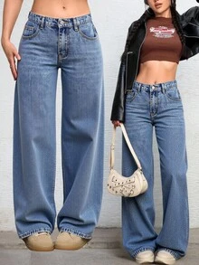 SHEIN 少女宽松蓝色牛仔裤 - 中等水洗藍 - 查看 1