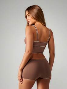 MISSGUIDED Bộ đồ lót bralette và quần short viền tương phản Bộ sưu tập đồ lót thân mật Loungewear - Lạc đà - Xem 3