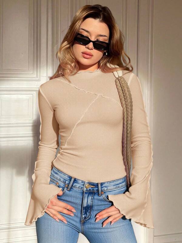 Siren Gaze Women's Solid Color Pleated Collar Long Sleeve T-Shirt Winter Brown Casual