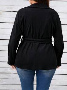 EMERY ROSE Chaqueta casual de mujer de talla grande de unicolor de pana con cinturón de botones en la cintura, para otoño/invierno - Negro - Ver 2