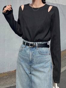 FRIFUL 女式露肩分体T恤，夏季上衣长袖上衣 - 黑色 - 查看 5