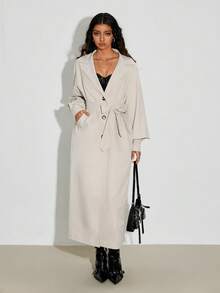 SHEIN Unity 1 件女式风衣，纯色配腰带，单排扣，落肩，泡泡袖，长袖，斜插口袋，简约优雅，适合秋冬季 - 白色 - 查看 8