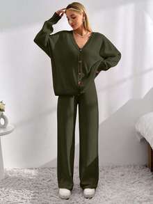 SHEIN Tall Tall Size Women Solid Color Casual Drop Shoulder Cardigan & Tie Front Knit Pants For Everyday Wear - Army Green - View 4
