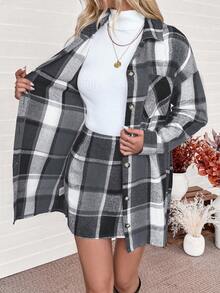 SHEIN LUNE 女式格子长袖夹克和裙子两件套 - 灰色 - 查看 7