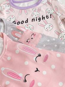 6pcs/Set Baby Girls' Soft & Comfortable Pajama Set, Pink Polka Dot Rabbit Embroidery, Rabbit Ear Decor, Playful & Cute Rabbit Print Home Outfit - Multicolor - View 5