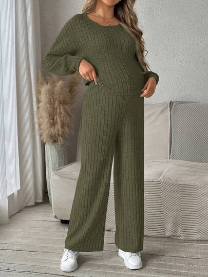 SHEIN 2 piezas Conjunto de top de manga larga acanalado de unicolor y pantalones de maternidad, otoño
