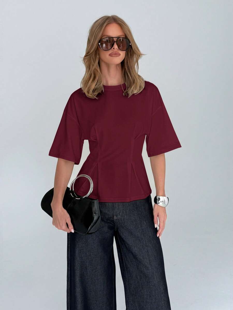 AiiRZ Burgundy Peplum T-Shirt Short Sleeve Fitted Waist Flared Hem Top Casual Office Wear - Burgundy - View 1