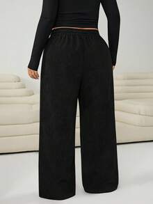 Solflare 大码休闲纯色灯芯绒裤 - 黑色 - 查看 2