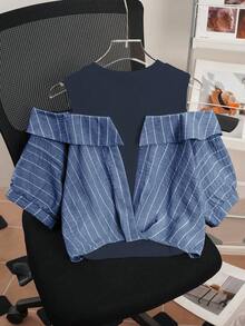 Franclia 女式条纹拼布露肩衬衫，夏季
