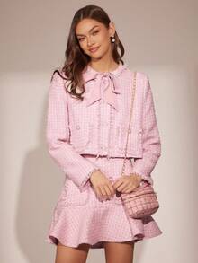 Enchnt 秋冬浪漫女士粉色花式纱线流苏粗花呢精致珍珠纽扣装饰蝴蝶结领长袖公主外套，别致优雅时尚，适合派对、约会、节日、毕业典礼、外出、万圣节、圣诞节、秋季、新年等场合。 - 粉色 - 查看 8