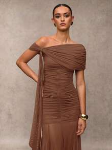 SHEIN BAE 女士纯色褶饰不对称优雅长裙 - 棕色 - 查看 6