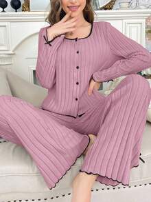 女士休闲加绒长袖上衣和裤子家居服两件套睡衣套装，女士两件套长袖家居服套装，冬季服装 - 藕粉色 - 查看 3