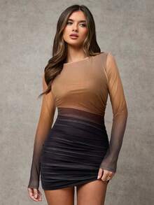 SHEIN BAE Women's Ombre Crew Neck Long Sleeve Ruched Fitted Mini Dress,Dresses For Women Elegant,New Year Dress ,Elegant Party Dresses - Coffee Brown - View 3
