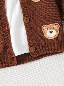 Cozy Pixies 男童卡通熊图案V领长袖开衫毛衣女秋冬装 - 棕色 - 查看 4