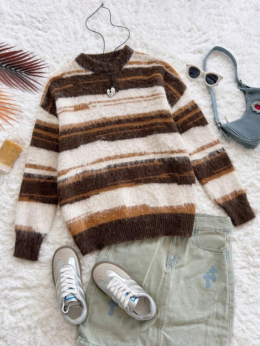 Soleia Pull col rond imprimé rayures, style décontracté pour femmes, automne/hiver - Multicolore - Voir 1