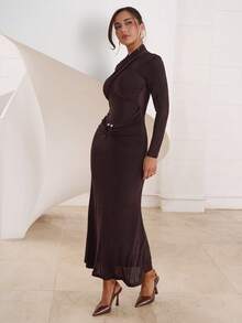 Modelyn Women's Elegant Solid Color Dress For Commuting - Mocha Brown - View 5
