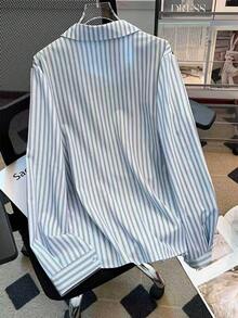 GlowEve CURVE Luźna koszula w paski 2 w 1 w dużym rozmiarze, elegancka bluzka, jednolity kolor i patchworkowe paski - Niebieski - Zobacz 2