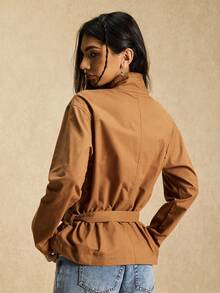 Easelle Women's Brown Woven Stand Collar Drop Shoulder Long Sleeve Fashionable And Versatile Regular Coat, Perfect For Autumn And Winter - Brown - View 2