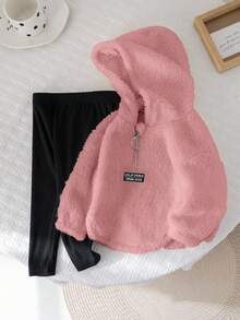 2 件女婴可爱羊毛长袖字母印花连帽卫衣和针织打底裤套装，秋冬