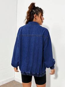 SHEIN ICON Women's Solid Blue Drop Shoulder Long Sleeve Loose Half-Zip Up Denim Jacket