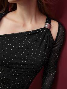 Maija Women's Oblique Shoulder Long Sleeve Fitted Pleated Polka Dot Split Midi Dress - Black - View 4