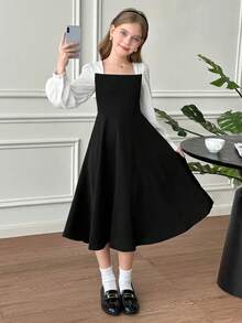 SHEIN Zweifarbiges Laternenhülsenkleid für Tween Mädchen (ohne Gürtel), geeignet für elegante Outfits, Rückkehr zur Schule, Geburtstagsfeiern, Abendveranstaltungen, Aufführungen, Hochzeiten, Taufen, Eröffnungszeremonien, Schule, Reisen, Halloween, Abschlussbälle, Konzerte - Schwarz und Weiss - Übersicht 1