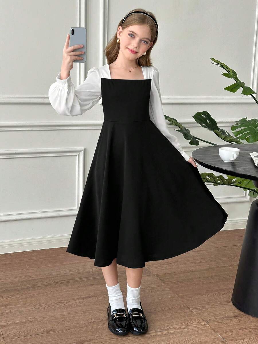 SHEIN Zweifarbiges Laternenhülsenkleid für Tween Mädchen (ohne Gürtel), geeignet für elegante Outfits, Rückkehr zur Schule, Geburtstagsfeiern, Abendveranstaltungen, Aufführungen, Hochzeiten, Taufen, Eröffnungszeremonien, Schule, Reisen, Halloween, Abschlussbälle, Konzerte - Schwarz und Weiss - Übersicht 1