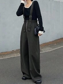 FRIFUL Women's Solid Color Straight Loose Casual Jumpsuit - Dark Grey - View 2