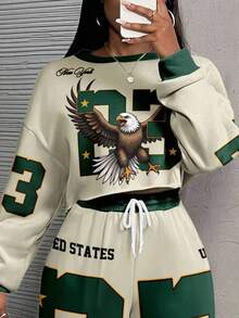 Slaydiva 休闲运动街头风格女士宽松两件套，老鹰，数字23，星星和字母印花，适合秋冬 - 彩色 - 查看 3