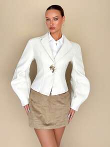 Rafferiza Women's Solid Color Regular Shoulder Long Sleeve Waist Cinched Lapel Collar Elegant Overcoat - Beige - View 4