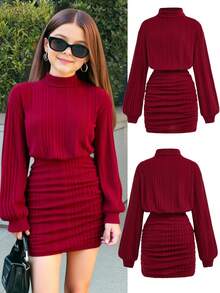 SHEIN Tween Mädchen Rotes geripptes Rollkragen Kleid mit loser Taille, enger Passform an Hüfte und Raffung, lässig-elegantes, vielseitiges Retro-Langarmkleid, kurz, geeignet für Weihnachtsparty, Winter