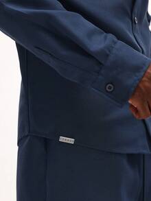 SUMWON 男士修身长袖衬衫套装，含配套套头裤，商务休闲海军蓝纯色套装 - 寶藍色 - 查看 6