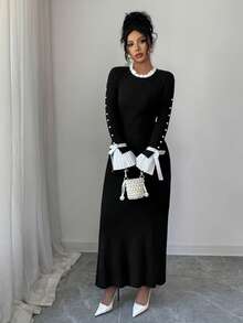 Livesso Women's Autumn High Collar Pearl Decor Fitted Sweater Dress