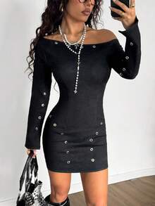 StreetHx Women's Fashion Off-Shoulder Long Sleeve Denim Bodycon Dress - Black - View 1