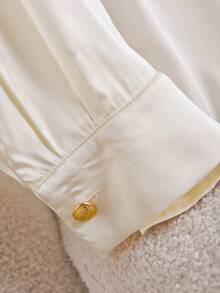 CosyJoli French Casual Simple Apricot Satin Basic Open-Collar Plus Size Shirt, Suitable For Office Commuting, Daily Wear, Metal Button Tops, Going Out Clothing