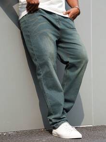 Manfinity Homme Plus Size Men's Casual Washed Slant Pocket Denim Jeans, Autumn